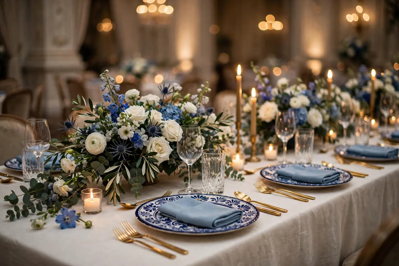 Wedding banquet table set by Tiscareno's Catering